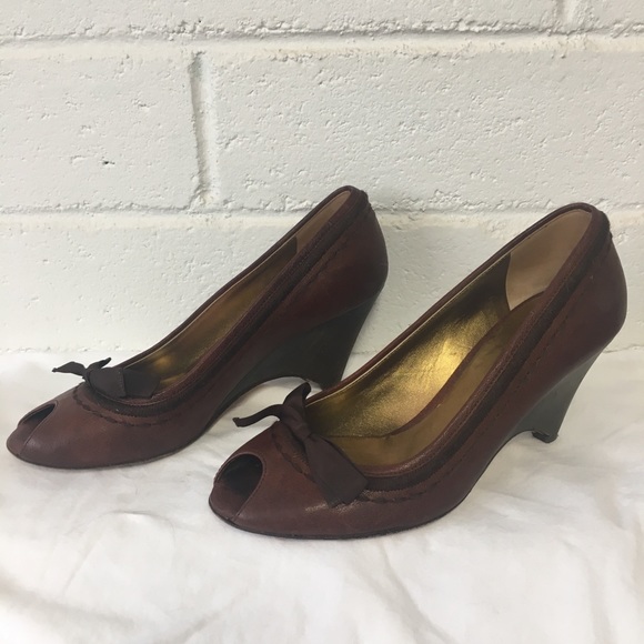 MIU MIU • Leather Peep Toe Wedges - Picture 5 of 16